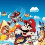 Ilustração colorida com Mario e personagens clássicos da Nintendo em uma paisagem fantástica, incluindo pirâmides, criaturas voadoras e inimigos conhecidos.