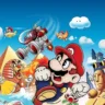 Ilustração colorida com Mario e personagens clássicos da Nintendo em uma paisagem fantástica, incluindo pirâmides, criaturas voadoras e inimigos conhecidos.