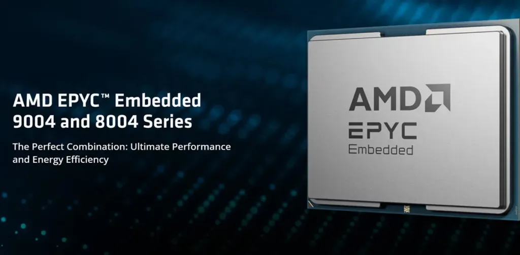 Imagem do processador AMD EPYC Embedded 8004 destacando a série com o slogan "together we advance" e o logotipo da AMD ao lado do processador. A imagem apresenta um fundo de padrões tecnológicos em azul.