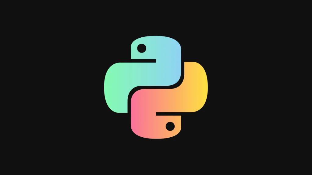 Logotipo colorido da linguagem de programação Python com duas serpentes entrelaçadas em um fundo preto