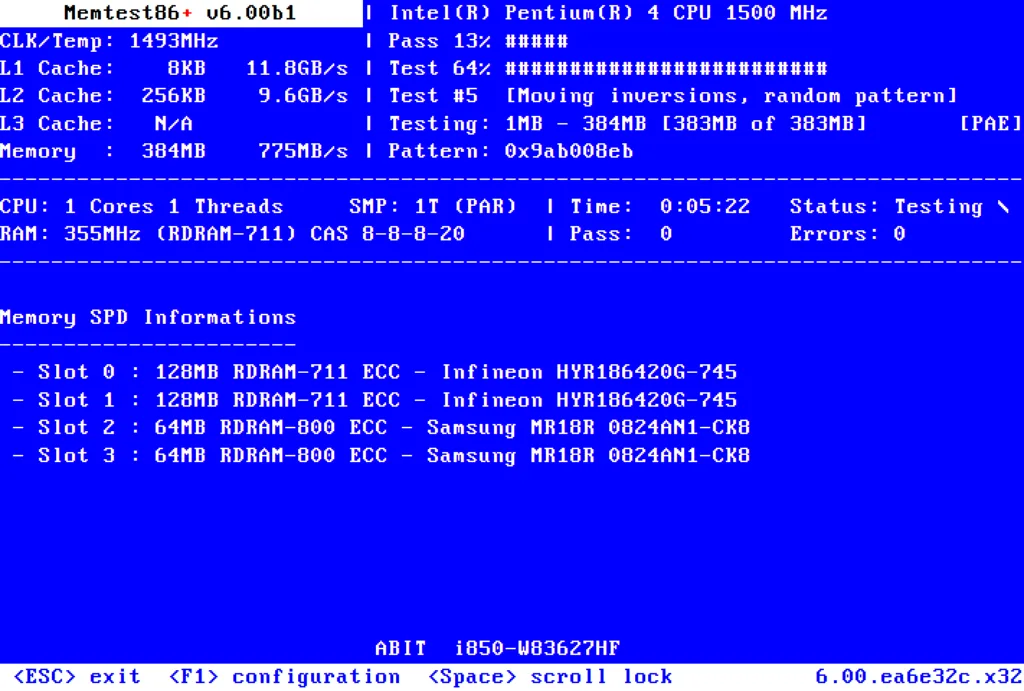 A imagem mostra a interface do Memtest86+ v6.00b1, uma ferramenta de diagnóstico para testar a memória RAM. Nela, são exibidas informações detalhadas sobre o sistema, como especificações do processador (Intel Pentium 4, 1500 MHz), detalhes dos testes em andamento, velocidade da memória, tipo e frequência de operação das memórias instaladas, além de informações específicas dos módulos de memória (fabricante, tamanho, tipo). A interface também apresenta opções de navegação na parte inferior.