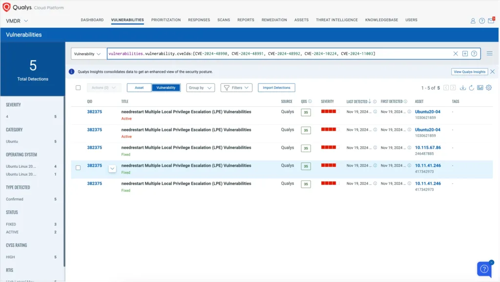 Interface do Qualys Cloud Platform exibindo vulnerabilidades relacionadas ao needrestart, com cinco detecções de escalada de privilégios locais (LPE). Detalhes incluem gravidade, status (ativo ou corrigido), QID 382375, sistema operacional afetado (Ubuntu Linux), e datas de detecção.