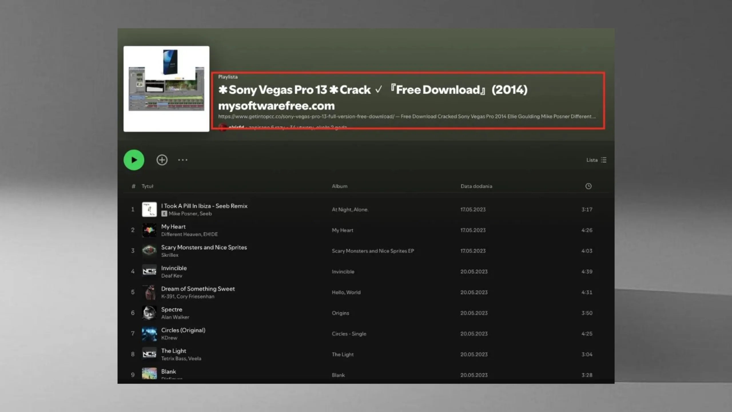 Como playlists e podcasts do Spotify estão sendo usados para promover software pirata e fraudes 2 Playlist do Spotify promovendo o "crack" do Sony Vegas Pro
(Karol Paciorek)