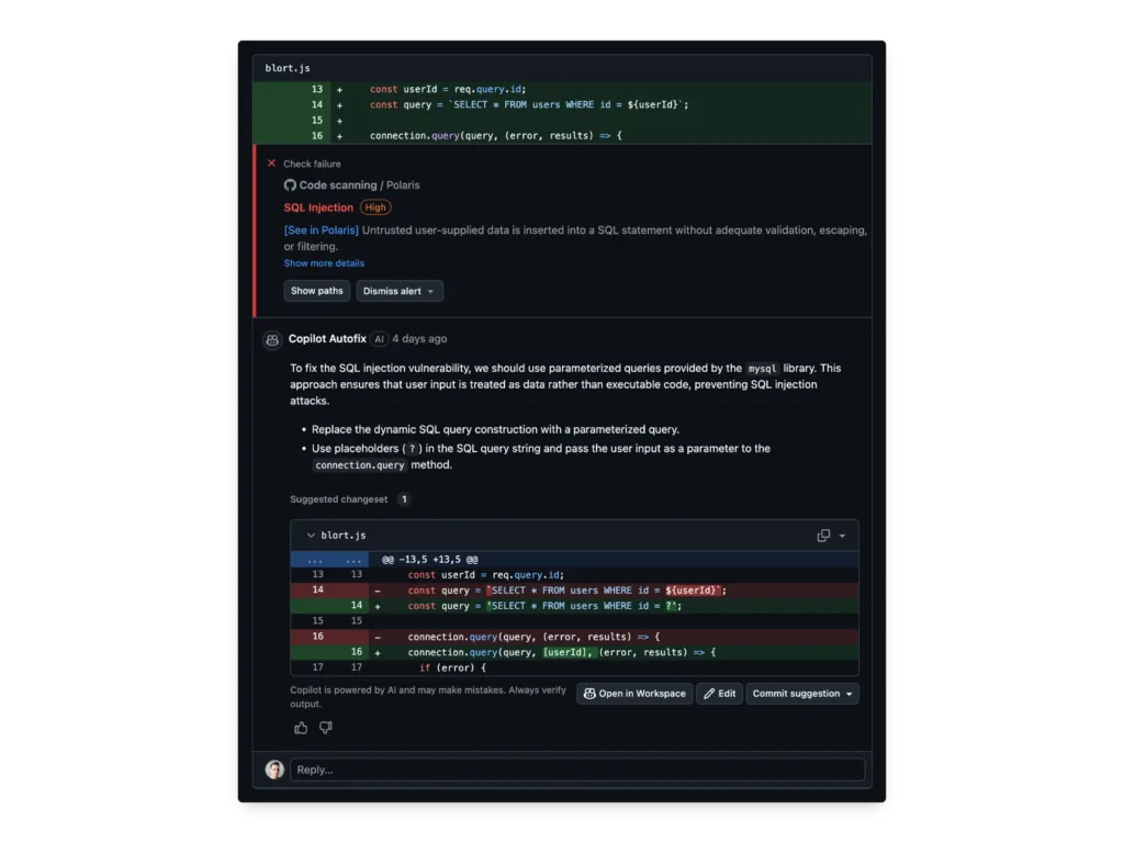 Interface do GitHub com uma análise de segurança, mostrando uma falha de injeção de SQL detectada pela verificação de código do Polaris, destacando vulnerabilidades e sugerindo correções automáticas com o GitHub Copilot Autofix.