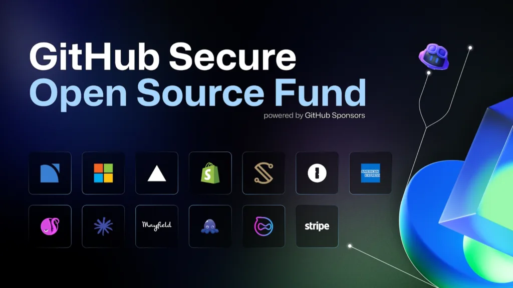 Banner do GitHub Secure Open Source Fund com logotipos de empresas parceiras, incluindo Microsoft, Shopify, Stripe e American Express, destacando a iniciativa de financiamento para projetos de código aberto.