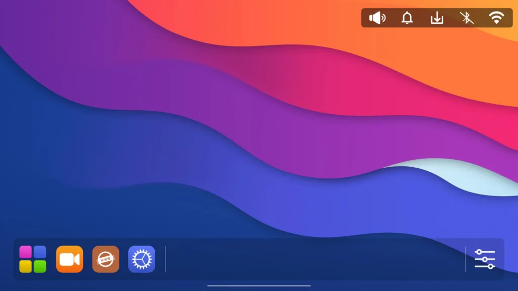 Tela inicial do webOS Open Source Edition exibindo um plano de fundo colorido com ondas e ícones de aplicativos na parte inferior, incluindo opções para configurações e vídeo, além de ícones de volume, notificações, e Wi-Fi no canto superior direito.