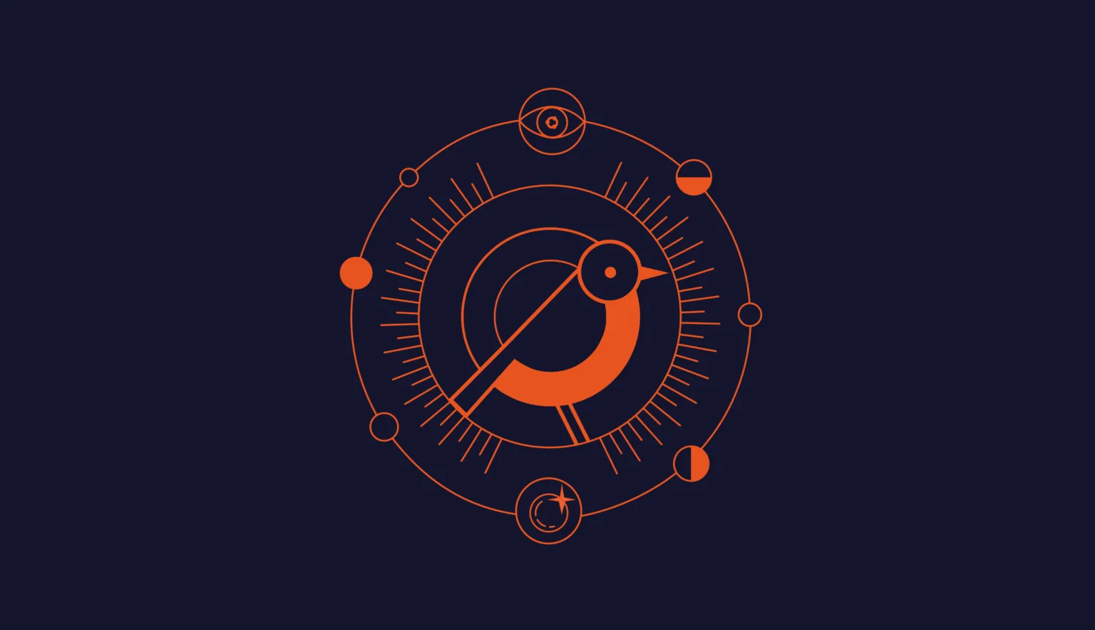 Imagem representando o design temático do Ubuntu 24.10 com um pássaro estilizado em tons de laranja e um fundo azul escuro. O gráfico inclui elementos circulares, sugerindo um conceito de harmonia e movimento.