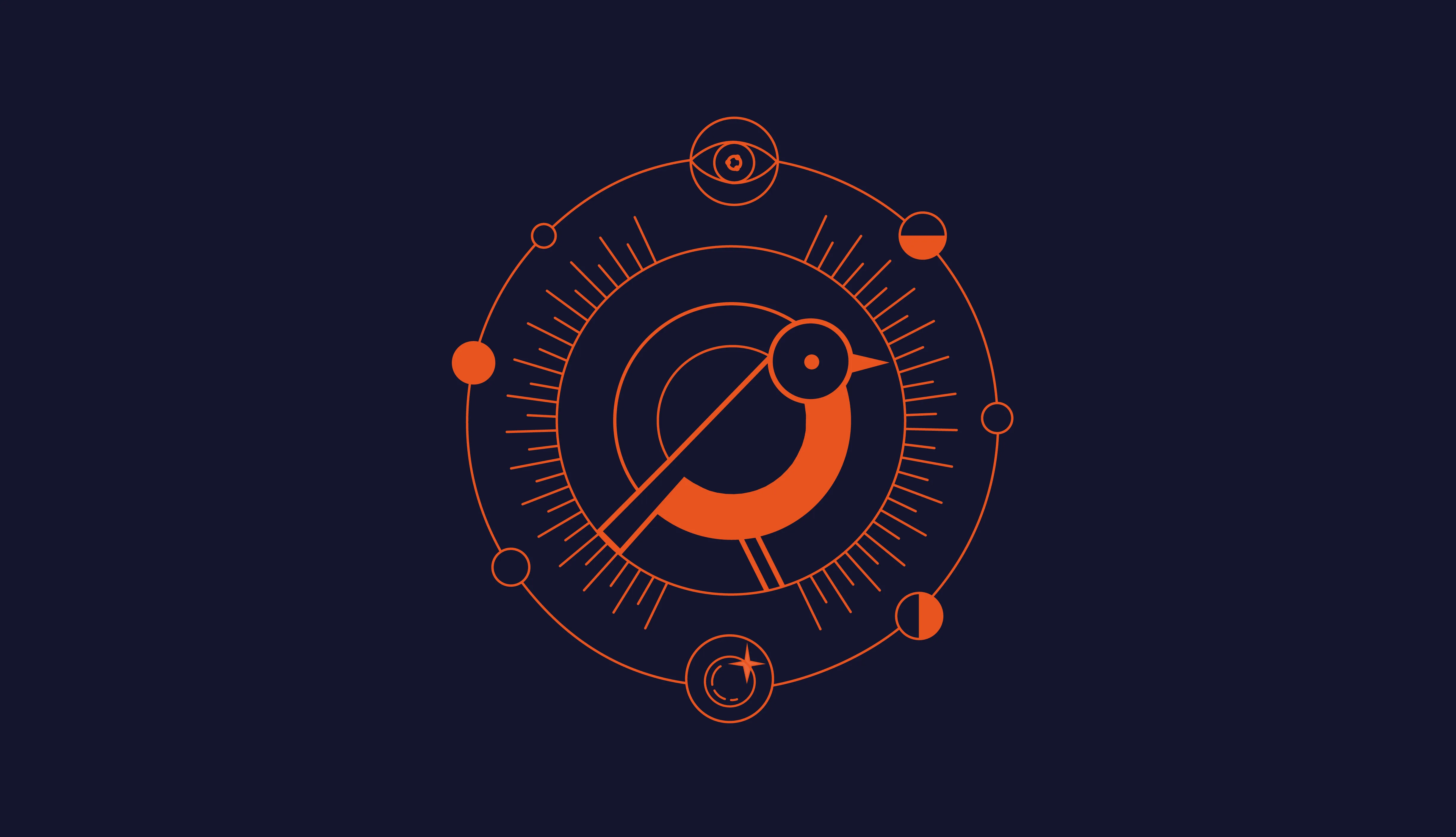 Imagem representando o design temático do Ubuntu 24.10 com um pássaro estilizado em tons de laranja e um fundo azul escuro. O gráfico inclui elementos circulares, sugerindo um conceito de harmonia e movimento.