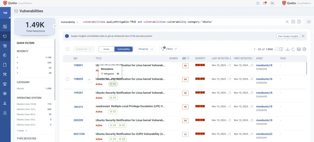 Tela da plataforma Qualys Cloud mostrando a aba de vulnerabilidades com 1,49 mil detecções relacionadas ao Ubuntu. Detalhes incluem gravidade, categoria, sistemas operacionais afetados (Ubuntu 18.04, 16.04, entre outros), e status de mitigação para algumas vulnerabilidades críticas, como LPE e notificações de segurança do kernel.