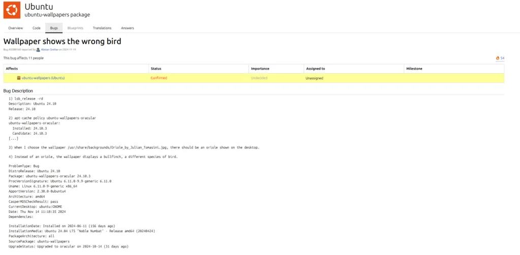 Captura de tela da página de relatório de bug no Launchpad para o Ubuntu, descrevendo o bug #2088160, onde um papel de parede do Ubuntu 24.10 mostra um pássaro errado. Inclui detalhes técnicos do problema e o status 'Confirmado'.