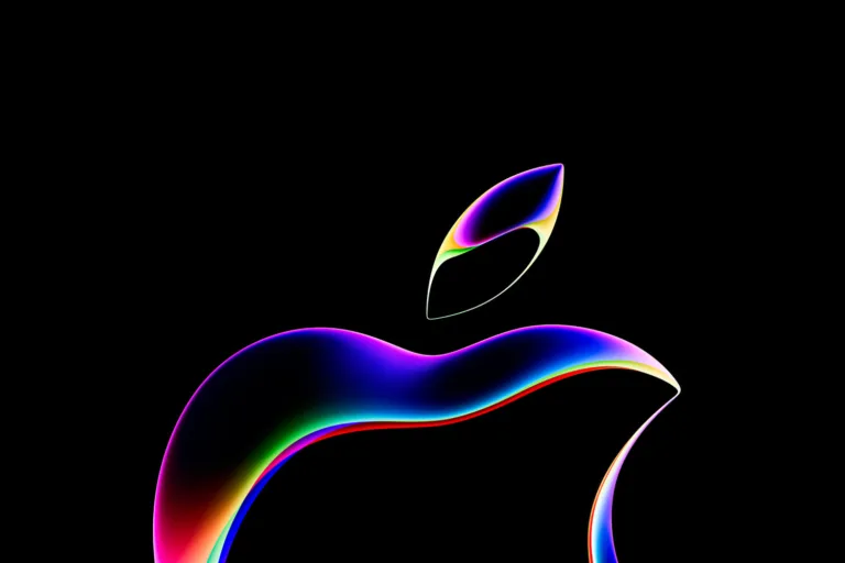 Logotipo da Apple em estilo futurista com contornos coloridos em um fundo preto.