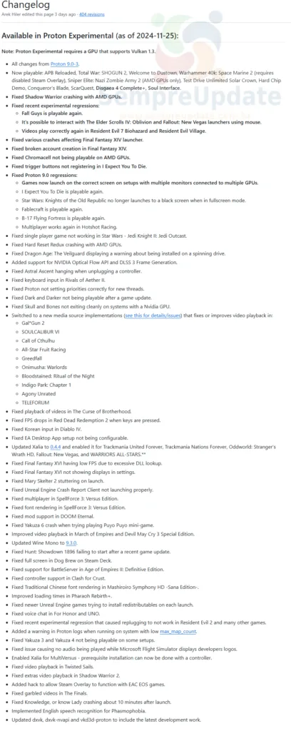 Captura de tela do changelog do Proton Experimental, detalhando correções, novos jogos compatíveis e melhorias de desempenho, disponível a partir de 25 de novembro de 2024.