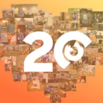 Banner comemorativo dos 20 anos do Firefox com o número 20 em destaque e o logotipo do Firefox. A imagem é composta por várias fotos de eventos e momentos importantes na história da Mozilla, formando um coração no fundo em tons de laranja.