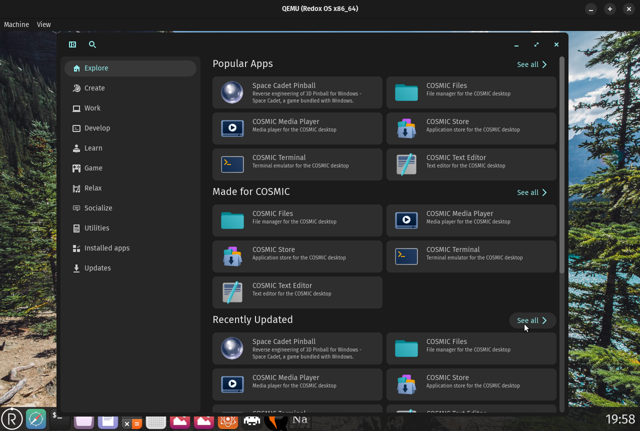 Redox OS traz suporte ao RISC-V e iniciação no Raspberry Pi 4 3 Interface da loja COSMIC no Redox OS, mostrando aplicativos populares como COSMIC Media Player, COSMIC Terminal e Space Cadet Pinball. A interface possui um menu de navegação à esquerda com seções como Explorar, Criar, Trabalhar, e Jogos.