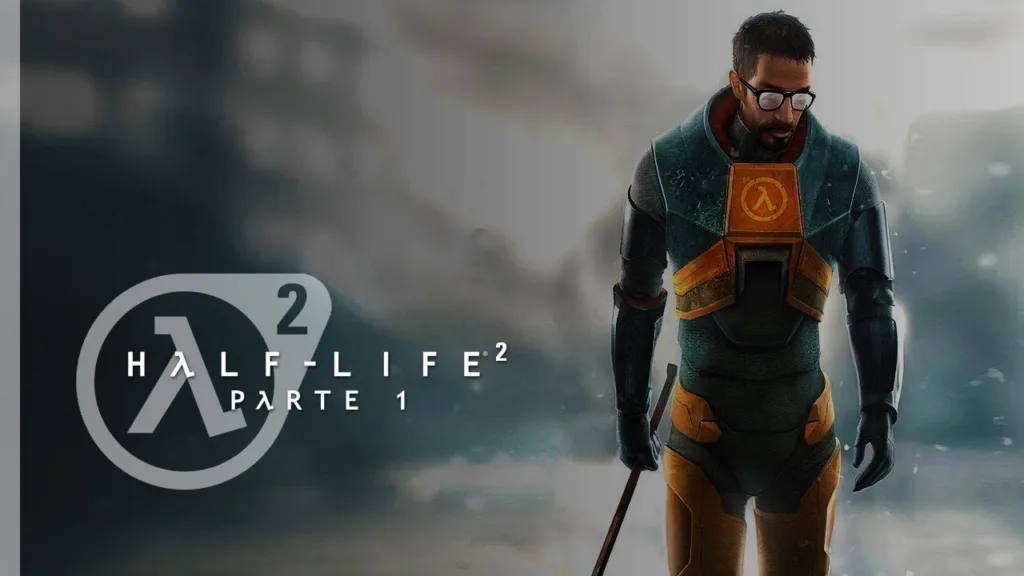 Arte promocional de Half-Life 2 com o protagonista Gordon Freeman, vestido com sua icônica armadura HEV, segurando um pé de cabra, em um cenário nebuloso com o logotipo do jogo exibido.