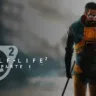 Arte promocional de Half-Life 2 com o protagonista Gordon Freeman, vestido com sua icônica armadura HEV, segurando um pé de cabra, em um cenário nebuloso com o logotipo do jogo exibido.