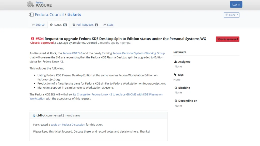 Captura de tela da página do Fedora Pagure mostrando o ticket #504, solicitando a promoção do Fedora KDE Desktop Spin para o status de edição na distribuição, sob o grupo Personal Systems WG. O ticket foi fechado com status 'aprovado', detalhando o pedido para listar o Fedora KDE Plasma Desktop ao mesmo nível do Fedora Workstation no site fedoraproject.org e fornecer suporte de marketing semelhante.