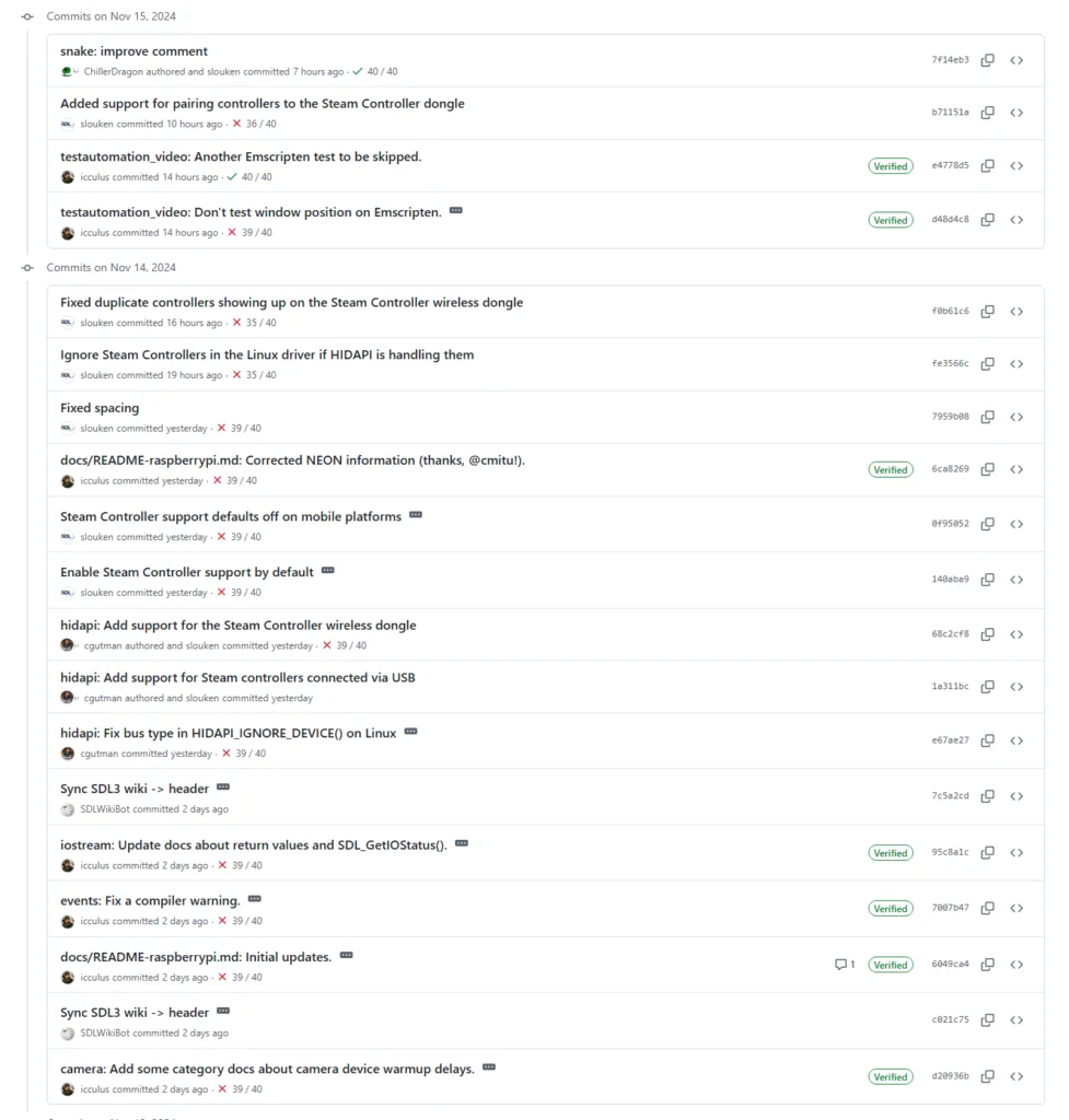 Lista de commits do repositório GitHub do SDL mostrando melhorias e ajustes no suporte ao Steam Controller, incluindo suporte para dongles sem fio, conexões USB e configurações relacionadas ao HIDAPI.