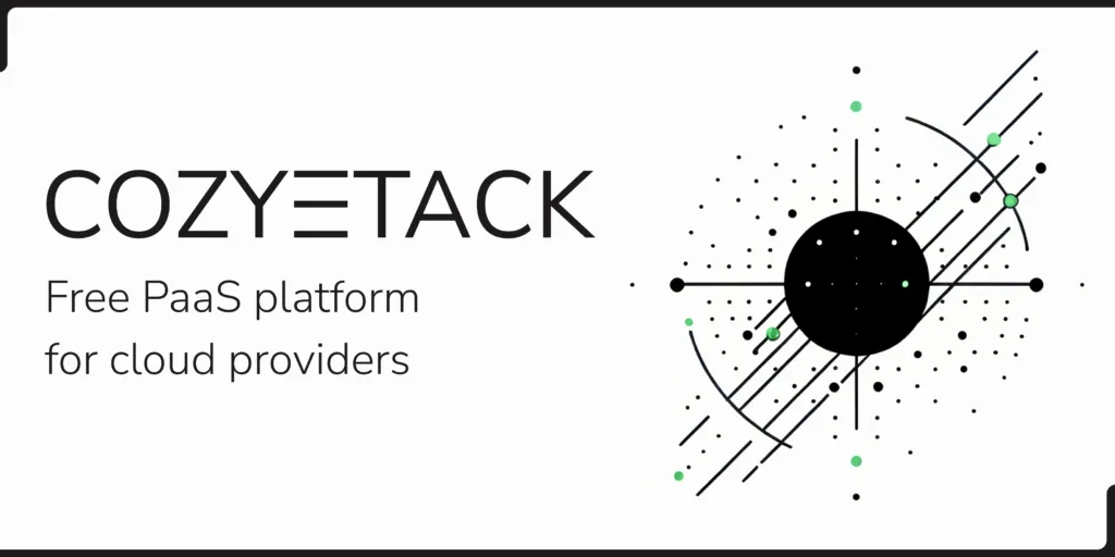 Logotipo da plataforma Cozystack com o texto 'Free PaaS platform for cloud providers' ao lado de uma ilustração geométrica abstrata em preto e verde.