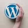 Mão segurando o logotipo do WordPress em fundo de madeira clara