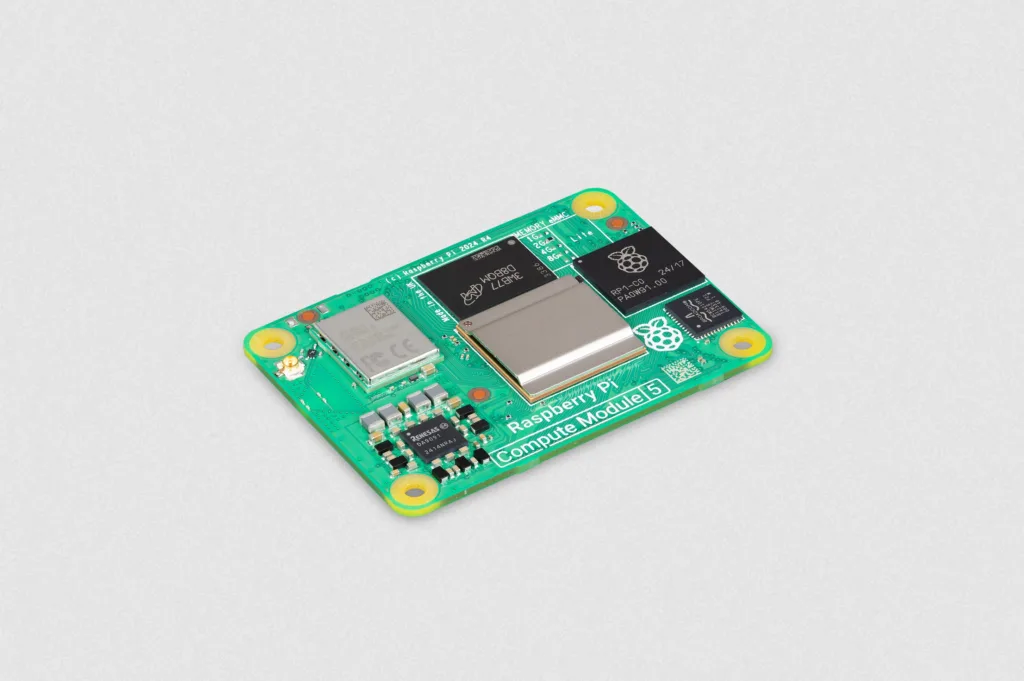 Close-up do Raspberry Pi Compute Module 5 destacando os detalhes do hardware e componentes principais.