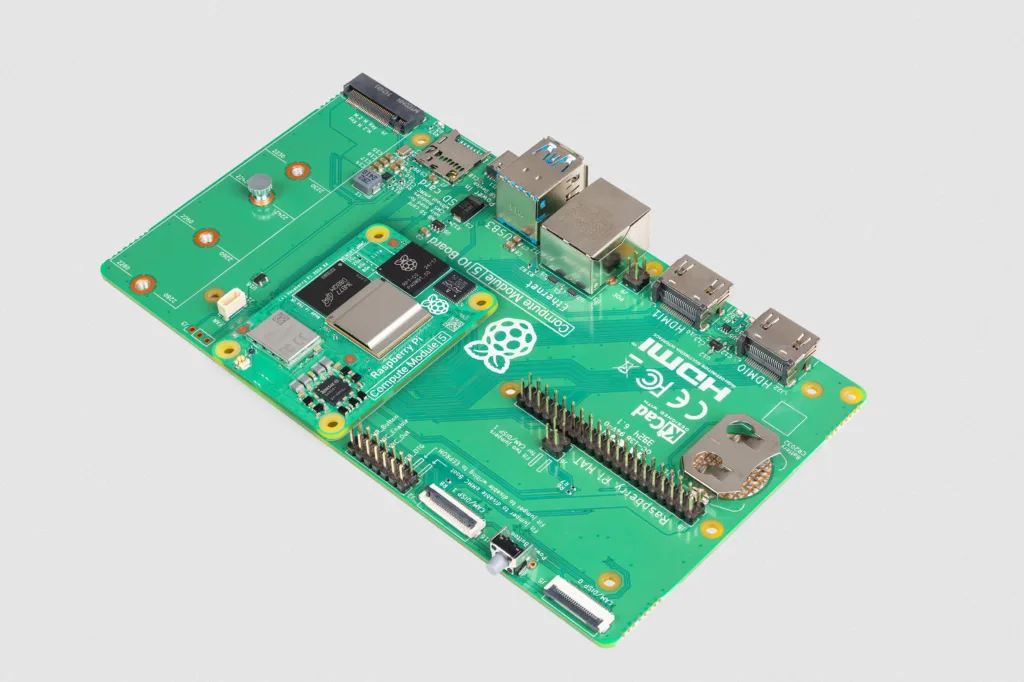 Compute Module 5 conectado ao IO Board, destacando a integração dos componentes e acessibilidade das interfaces.