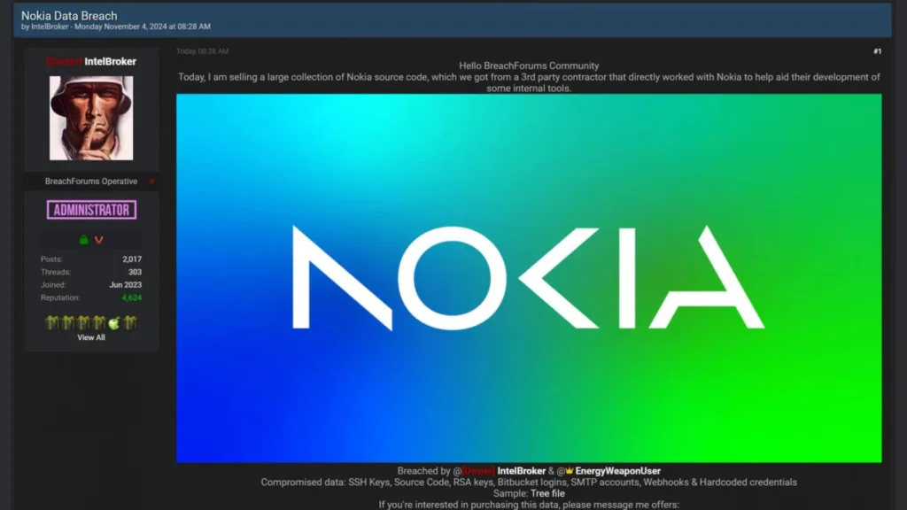 IntelBroker vendendo suposto código-fonte da Nokia