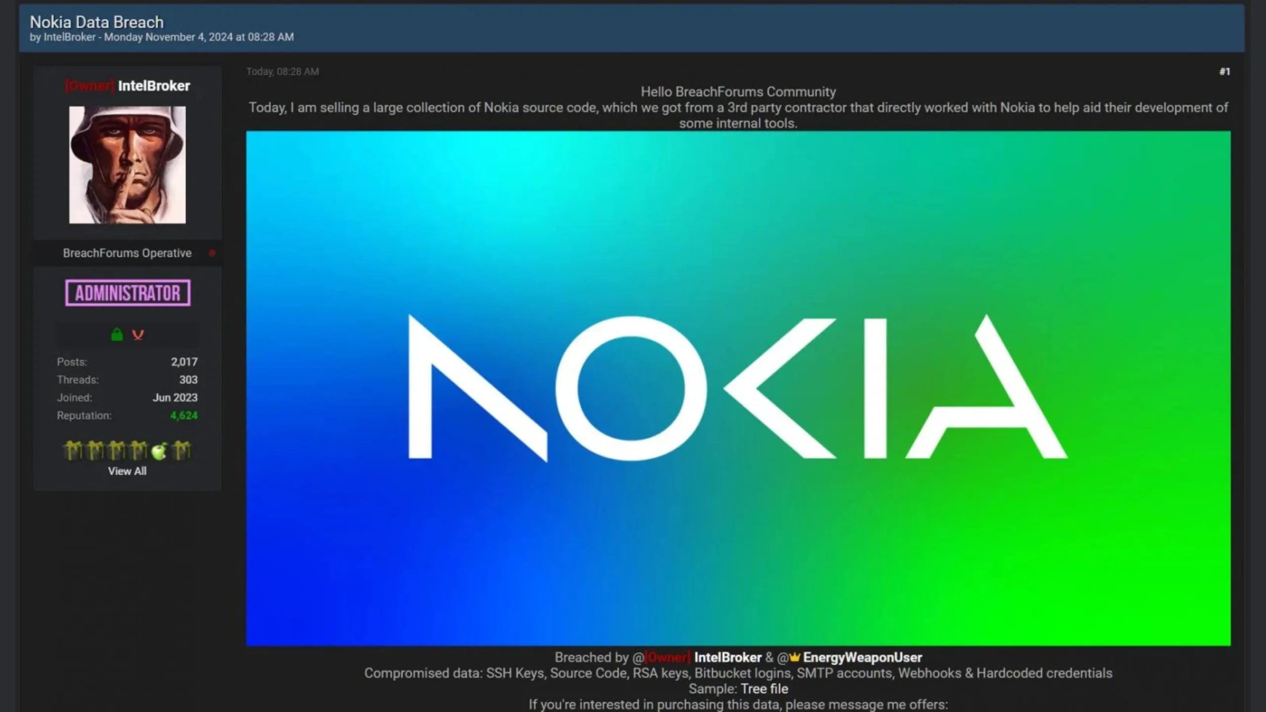 Nokia investiga suposto vazamento de código-fonte 2 IntelBroker vendendo suposto código-fonte da Nokia