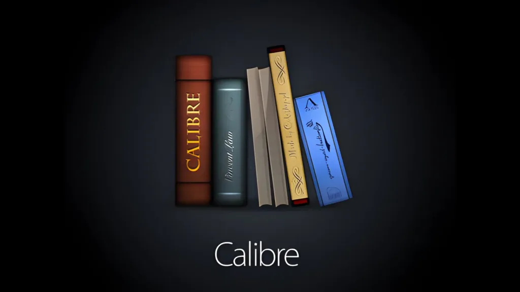 Logo do software Calibre representado como uma coleção de livros organizados verticalmente, com o título "Calibre" em uma lombada em destaque, em fundo escuro.