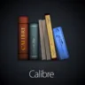 Logo do software Calibre representado como uma coleção de livros organizados verticalmente, com o título "Calibre" em uma lombada em destaque, em fundo escuro.