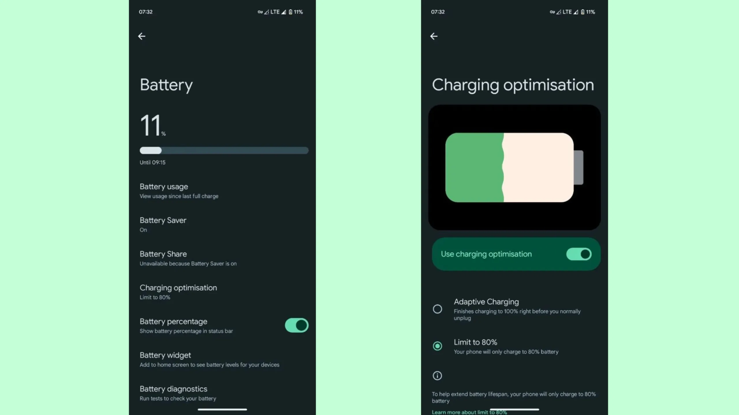 Google lança recurso de limite de carga para prolongar a vida útil da bateria dos celulares Pixel 2 Imagem com recurso de visualização de carga de bateria do Pixel