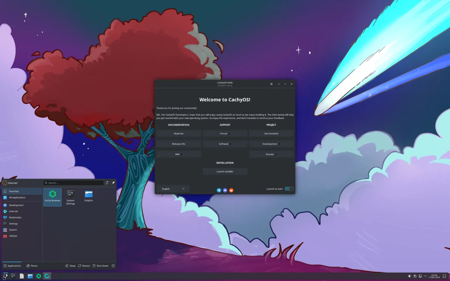 CachyOS 241110 melhora desempenho e otimiza jogos no Linux 1 Tela inicial do CachyOS com interface gráfica mostrando o menu de boas-vindas. Fundo com arte colorida de uma árvore vermelha e céu estrelado, com um cometa azul brilhante à direita. Janela de menu oferece opções de documentação, suporte e projeto, além de um botão para iniciar o instalador.