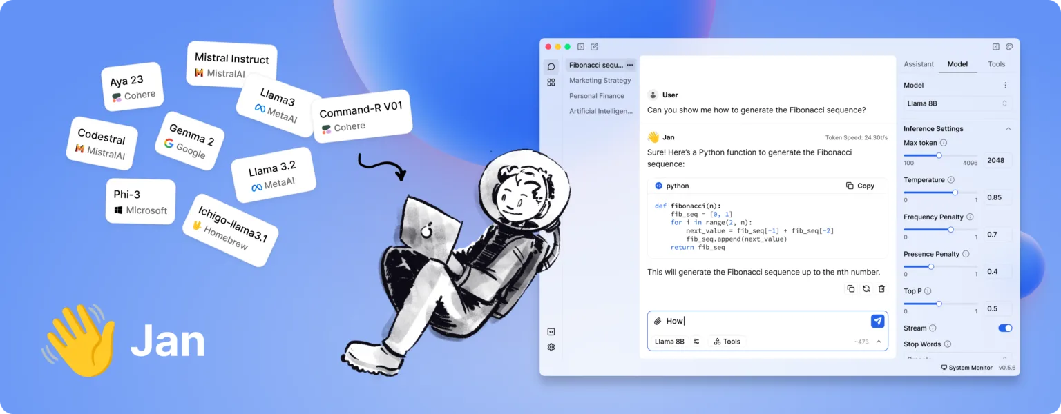 Ilustração do Jan, um chatbot de inteligência artificial, mostrando uma interface interativa com opções de modelos de linguagem como Llama, Gemma, Phi e outros. Ao lado, uma pessoa usando um laptop em um ambiente descontraído.