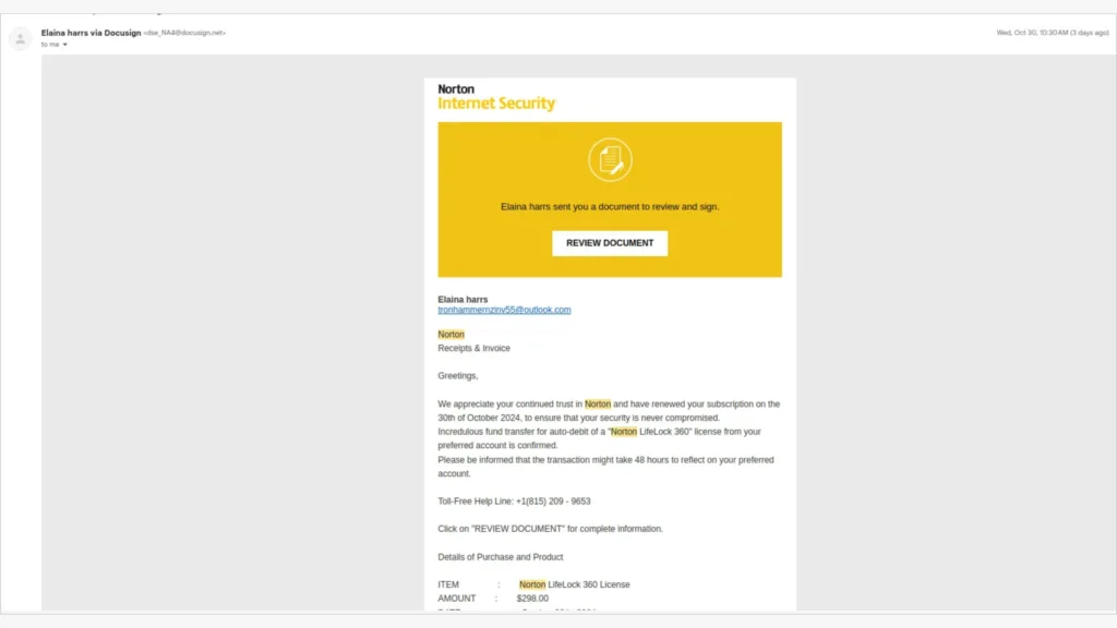 Fatura falsa da Norton criada no DocuSign
