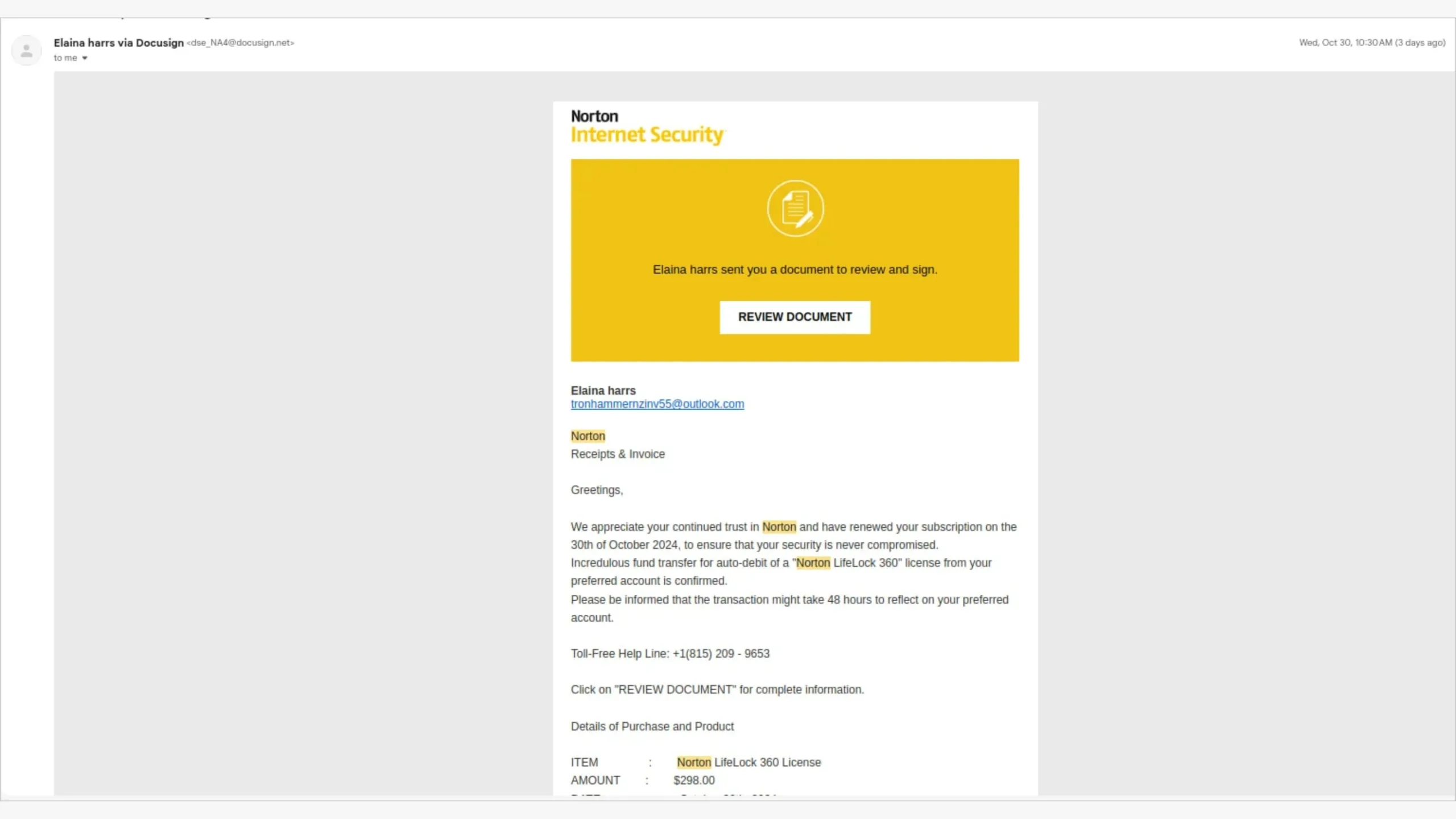 Ataques exploram API da DocuSign para enviar faturas falsas realistas 2 Fatura falsa da Norton criada no DocuSign