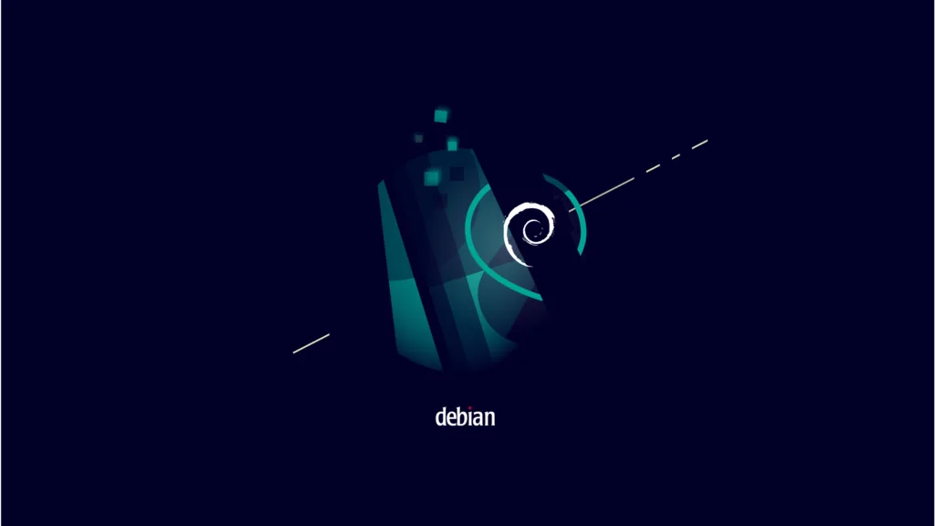 Wallpaper do Debian com fundo escuro, mostrando a logo em espiral branca do Debian e o nome 'debian' abaixo em fonte clara, cercado por elementos geométricos modernos.