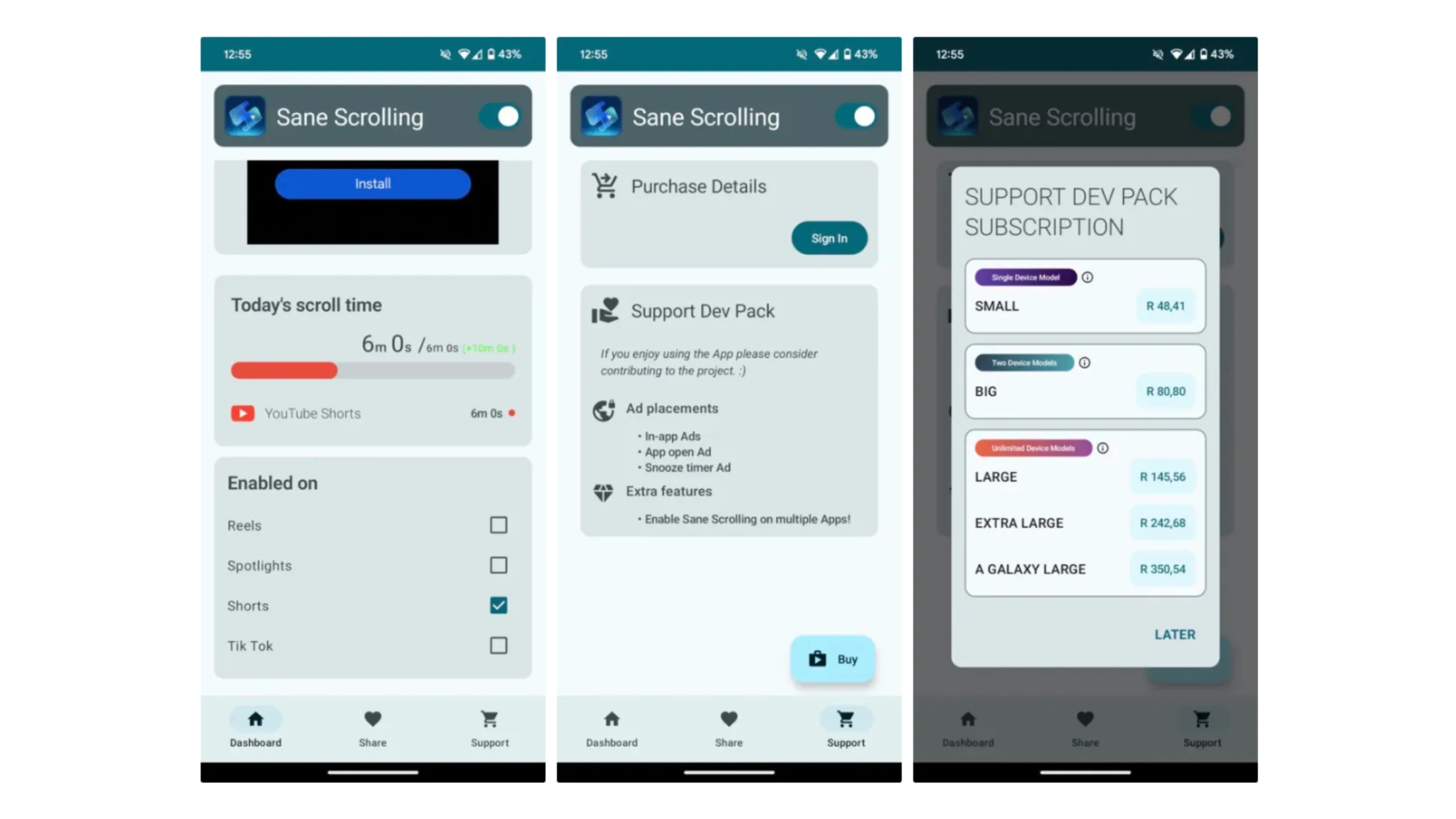 Controle o tempo gasto em vídeos curtos no Android com o Sane Scrolling 2 Interface Sane Scrolling