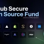 Banner do GitHub Secure Open Source Fund com logotipos de empresas parceiras, incluindo Microsoft, Shopify, Stripe e American Express, destacando a iniciativa de financiamento para projetos de código aberto.