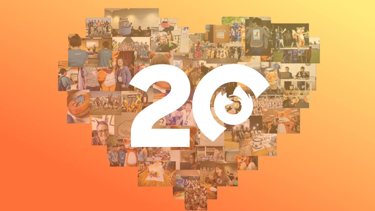 Firefox celebra 20 anos: de pioneiro a defensor da privacidade 1 Banner comemorativo dos 20 anos do Firefox com o número 20 em destaque e o logotipo do Firefox. A imagem é composta por várias fotos de eventos e momentos importantes na história da Mozilla, formando um coração no fundo em tons de laranja.