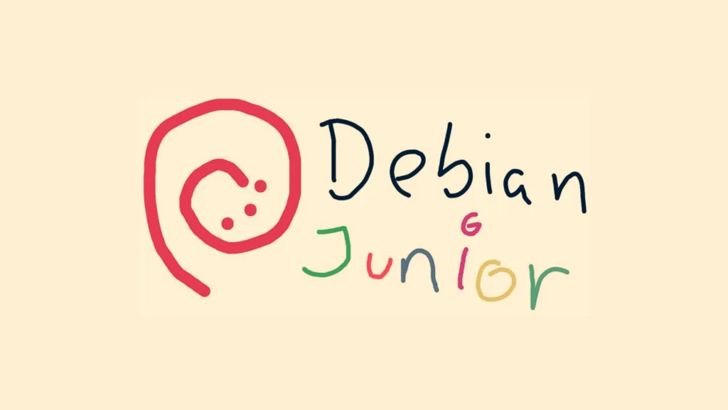 Logotipo do Debian Junior com um design simples e colorido, destacando a espiral do Debian em vermelho.