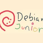 Logotipo do Debian Junior com um design simples e colorido, destacando a espiral do Debian em vermelho.