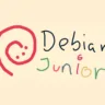 Logotipo do Debian Junior com um design simples e colorido, destacando a espiral do Debian em vermelho.