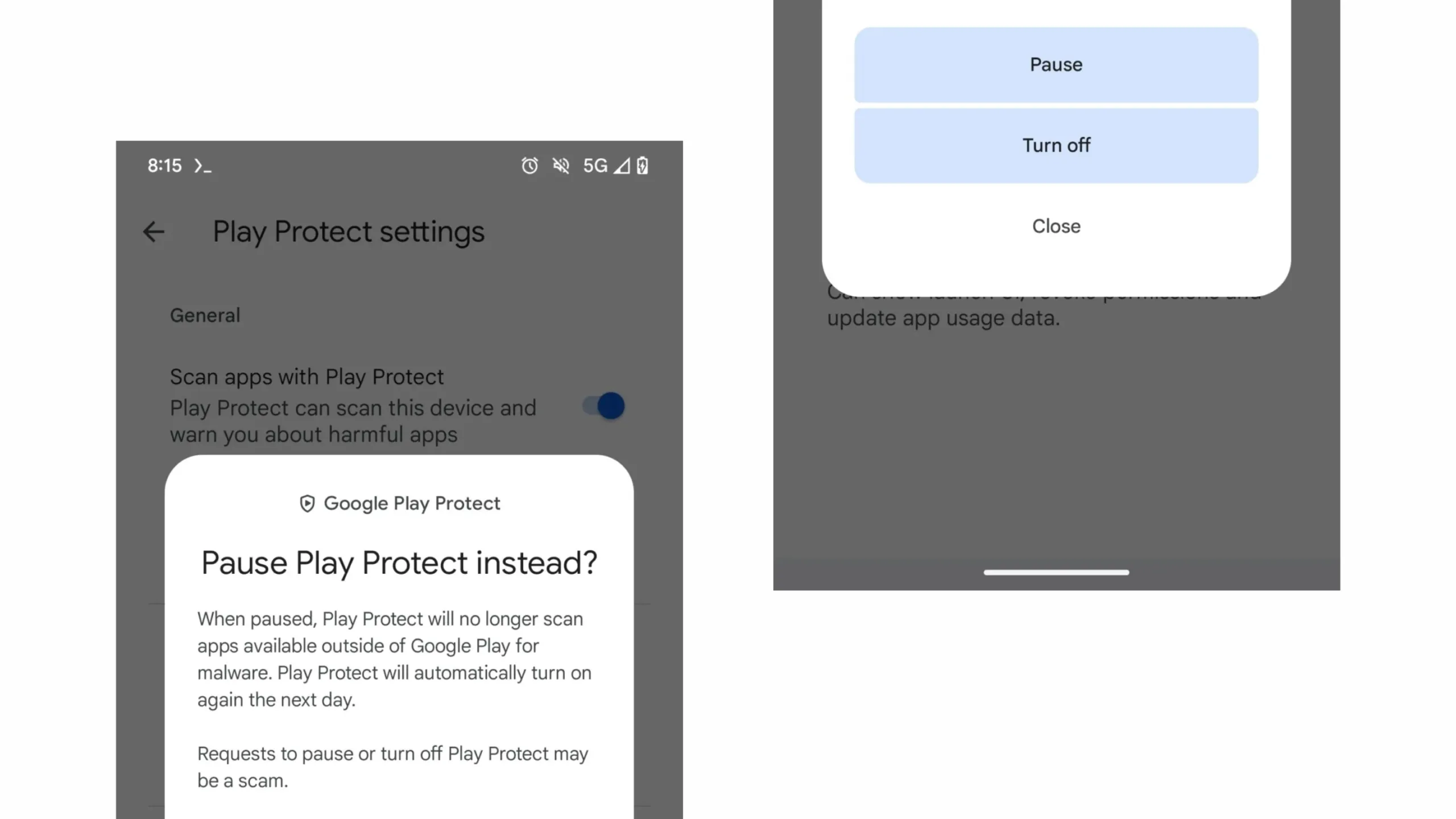 Google Play testa opção para pausar temporariamente o Play Protect 2 Imagem com teste de pausa do Play Protect