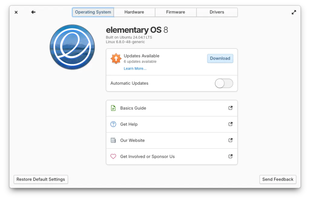 Configurações do sistema do elementary OS 8 com aba de atualizações do sistema operacional destacada.