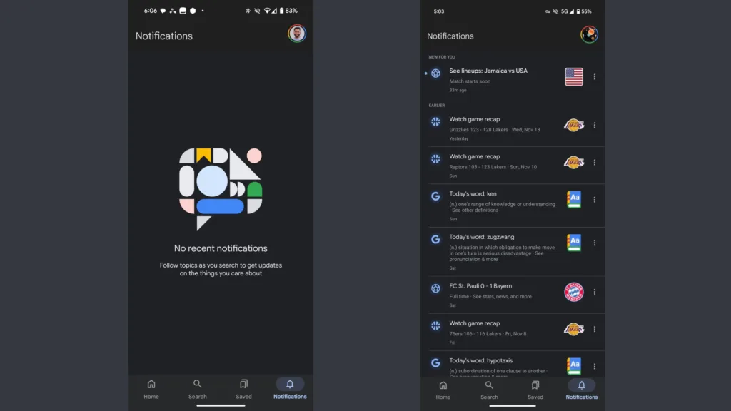 Imagem com Google app e a nova aba de notificações