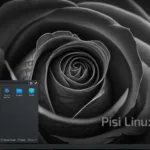 Captura de tela do Pisi Linux 2.4 Karagül com KDE Plasma 6, mostrando o menu de aplicativos aberto sobre uma imagem de fundo de uma flor negra, simbolizando a rara flor Karagül da região de Halfeti, na Turquia.