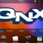 Tela inicial do sistema operacional QNX da BlackBerry, com ícones de navegador, mensagens, calendário e integração com o BlackBerry Bridge.
