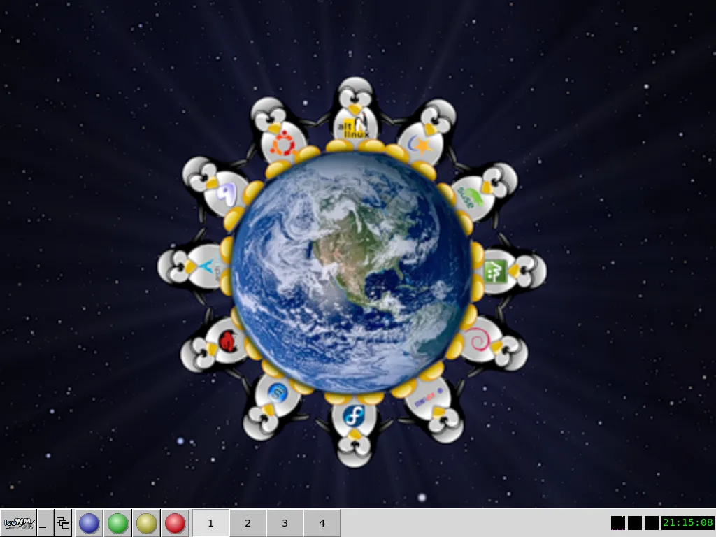 Tela inicial do Debian Junior com o plano de fundo da Terra e ícones em forma de pinguins representando diferentes distribuições Linux.