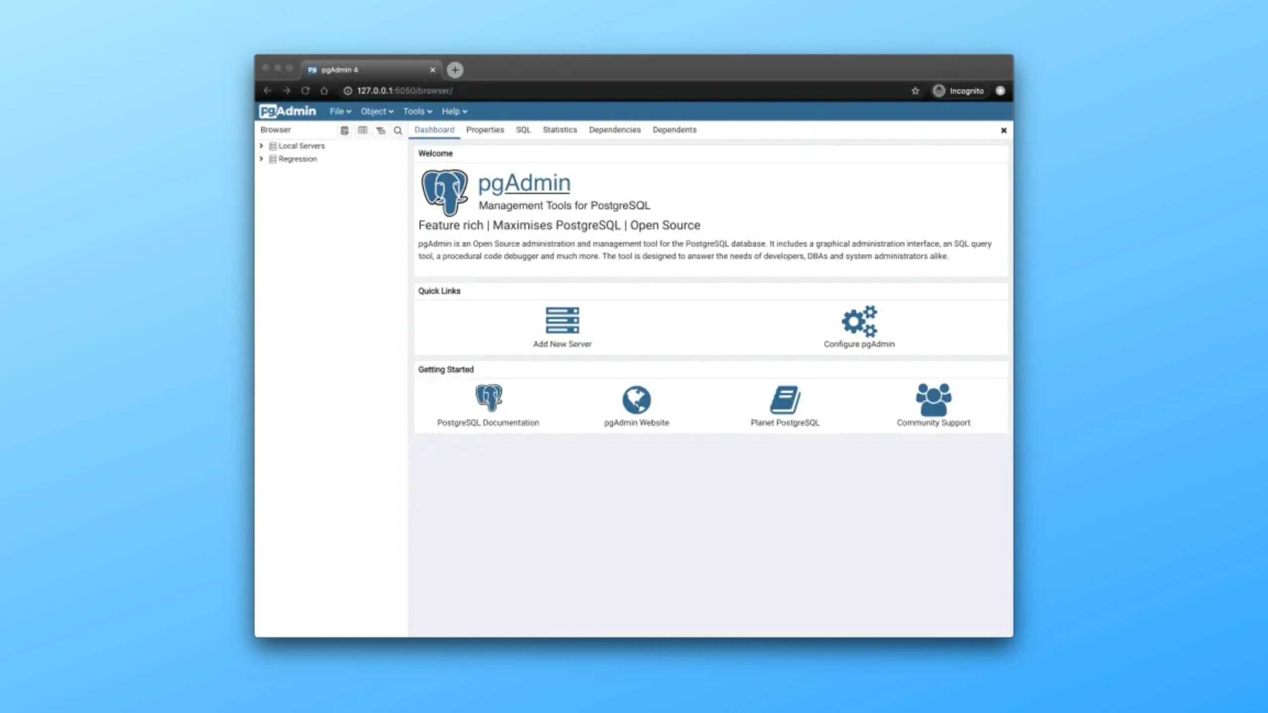 Instale o pgAdmin 4 no Ubuntu, Fedora, Debian e outras distribuições Linux com Flatpak 2 Imagem com a interface do pgAdmin-4