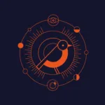 Imagem representando o design temático do Ubuntu 24.10 com um pássaro estilizado em tons de laranja e um fundo azul escuro. O gráfico inclui elementos circulares, sugerindo um conceito de harmonia e movimento.